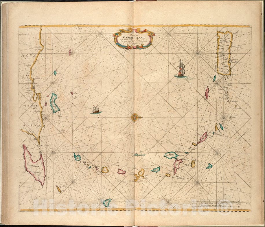 Historical Map, 1672 A Chart of The Caribe Islands, Vintage Wall Art