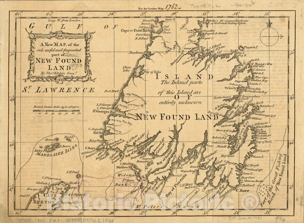 Historical Map, 1762 A New map of The only Useful and frequented Part of New Found Land, Vintage Wall Art