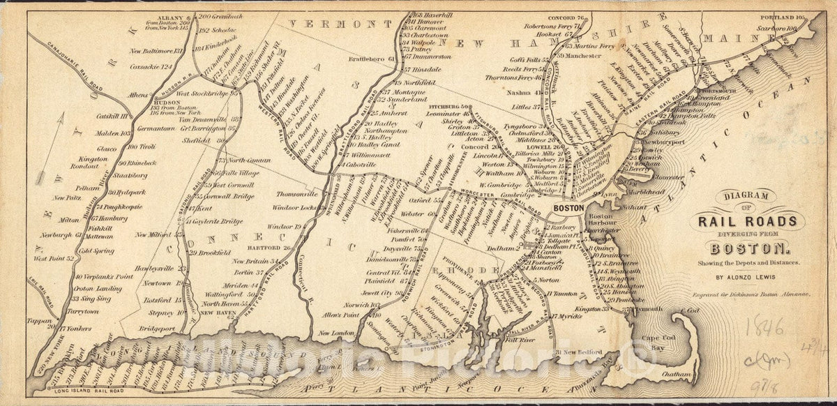 Historical Map, 1846 Diagram of rail roads diverging from Boston : showing the depots and distances, Vintage Wall Art