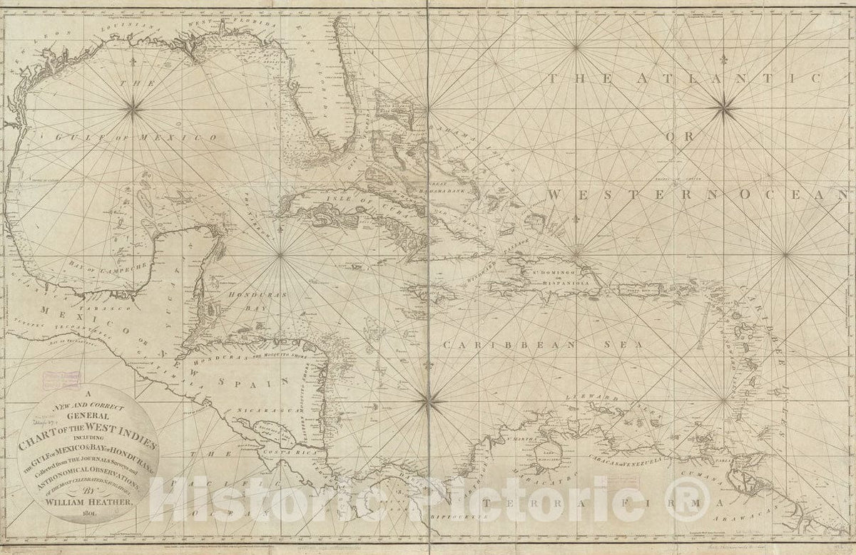 Historical Map, 1801 A New and Correct General Chart of The West Indies Including The Gulf of Mexico & Bay of Honduras et Cetera : Collected from The journals, Vintage Wall Art