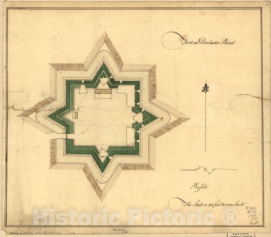 Historical Map, 1776 Fort on DorcIÆ’ester Point, Vintage Wall Art