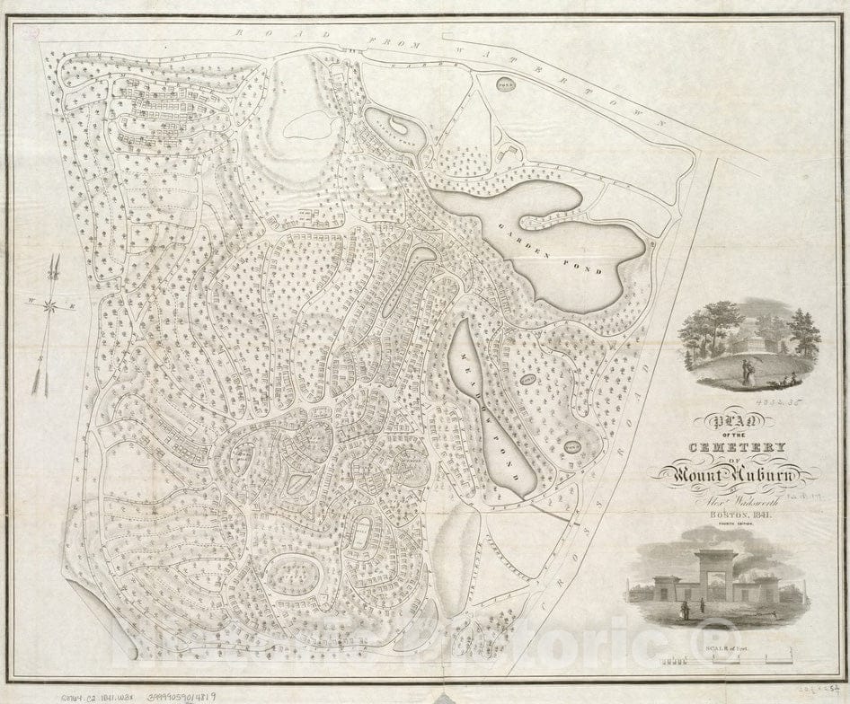 Historical Map, 1841 Plan of The Cemetery of Mount Auburn, Vintage Wall Art