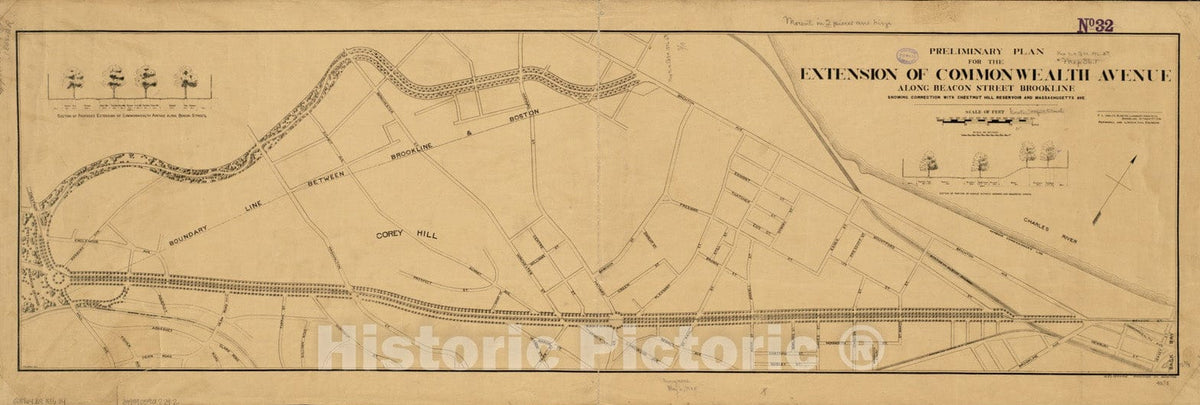 Historical Map, 1886 Preliminary Plan for The Extension of Commonwealth Avenue Along Beacon Street Brookline : Showing Connection with Chestnut Hill Reservoir an, Vintage Wall Art