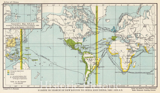 Historical Map, Europe in Search of New Routes to India and China, 1486-1616 A.D, Vintage Wall Art