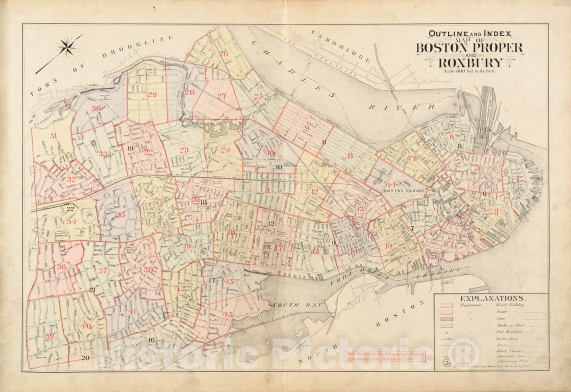 Historical Map, 1895 Outline and Index map of Boston Proper and Roxbury, Vintage Wall Art