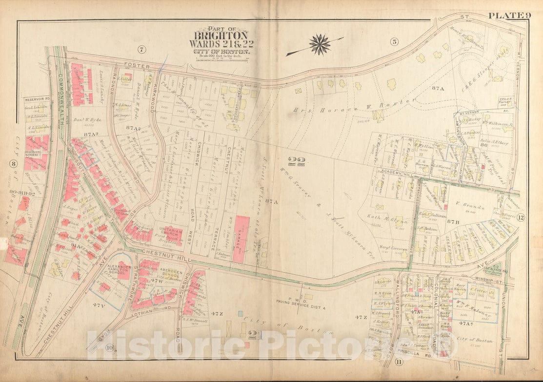 Historical Map, 1925 Atlas of The City of Boston, Brighton : Plate 9, Vintage Wall Art