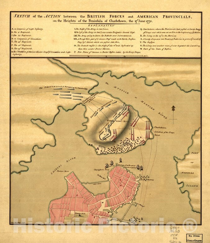 Historical Map, Sketch of the action between the British forces and American provincials, on the heights of the peninsula of Charlestown : the 17th June 1775, Vintage Wall Art