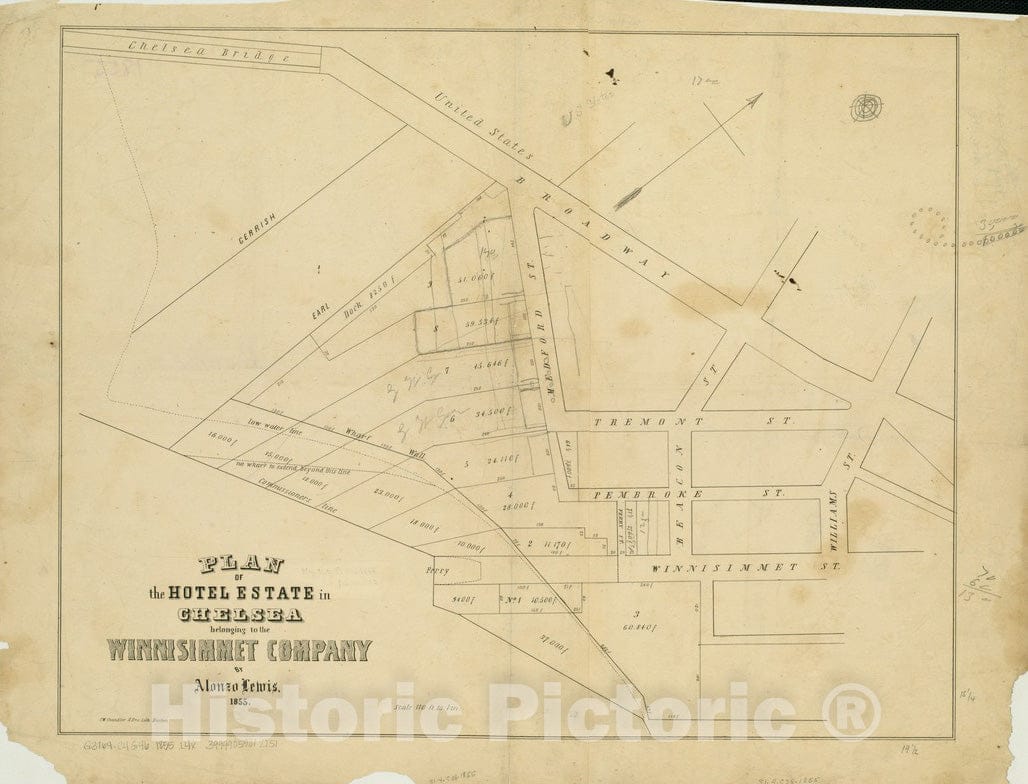Historical Map, 1855 Plan of the hotel estate in Chelsea belonging to the Winnisimmet Company, Vintage Wall Art