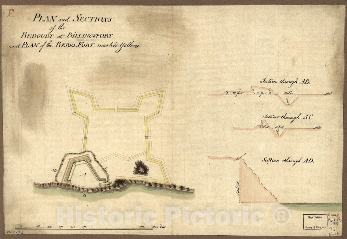 Historical Map, 1777 Plan and Sections of The Redoubt at Billingsfort and Plan of The Rebel Fort Marked Yellow, Vintage Wall Art
