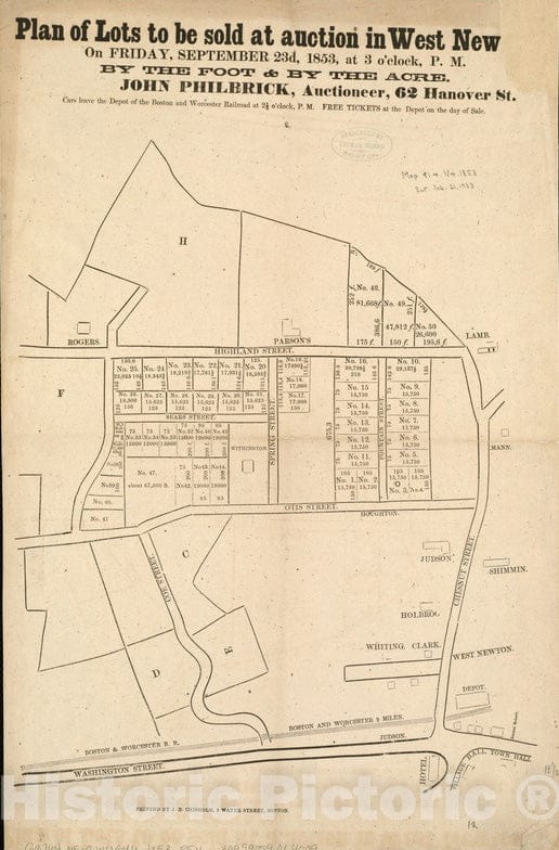 Historical Map, Plan of Lots to be Sold at Auction in West New[ton] on Friday, September 23d, 1853, at 3 o'clock, p.m : by The Foot & by The Acre, Vintage Wall Art