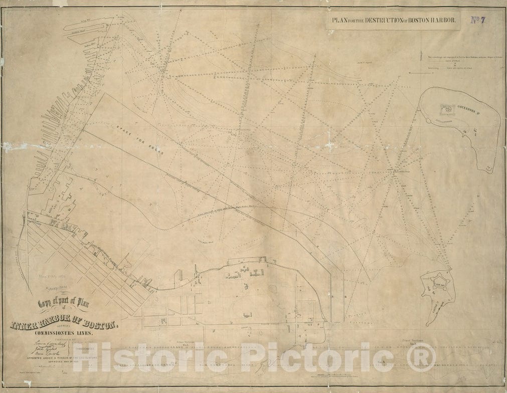Historical Map, 1850 Copy of Part of Plan of Inner Harbor of Boston, Showing commissioners' Lines, Vintage Wall Art