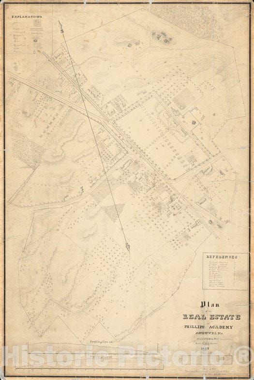 Historical Map, 1837 Plan of The Real Estate of Phillips Academy, Andover, Ms, Vintage Wall Art