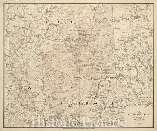 Historical Map, Map of The White Mountains of New Hampshire from Walling's map of The State 1877, Vintage Wall Art