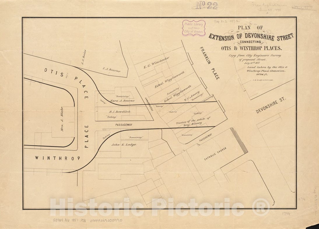 Historical Map, 1857 Plan of Extension of Devonshire Street Connecting Otis & Winthrop Places, Vintage Wall Art