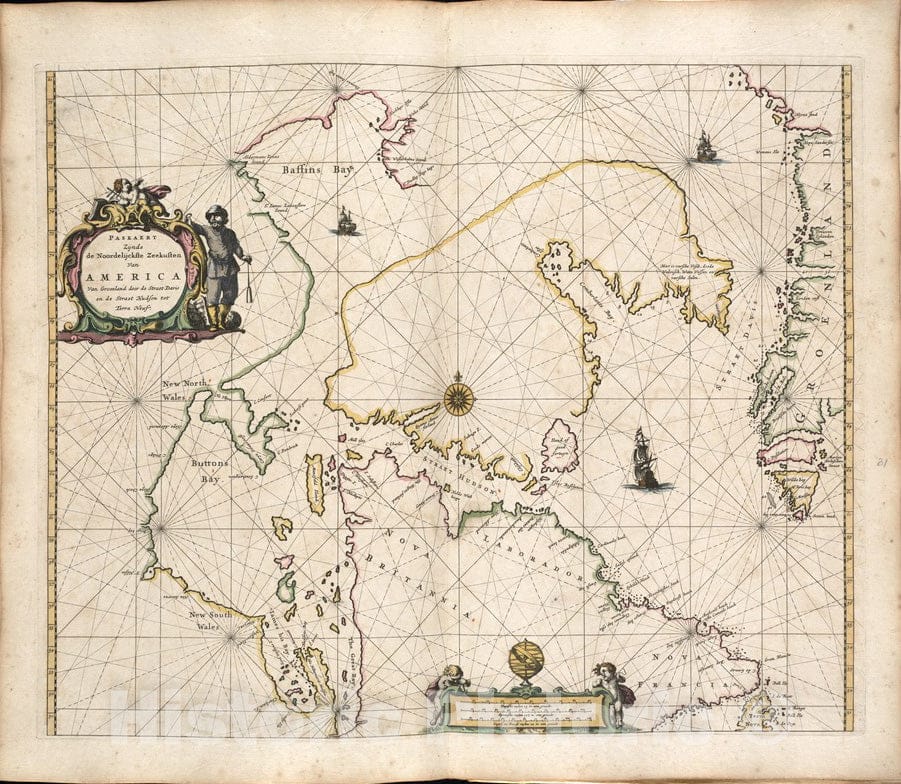 Historical Map, 1672 Paskaerte ZyIË†nde de Noordelijckfte Zeekuften Van America Van Groenland Door de Straet Davis en de Straet Hudson tot Terra Neuf, Vintage Wall Art
