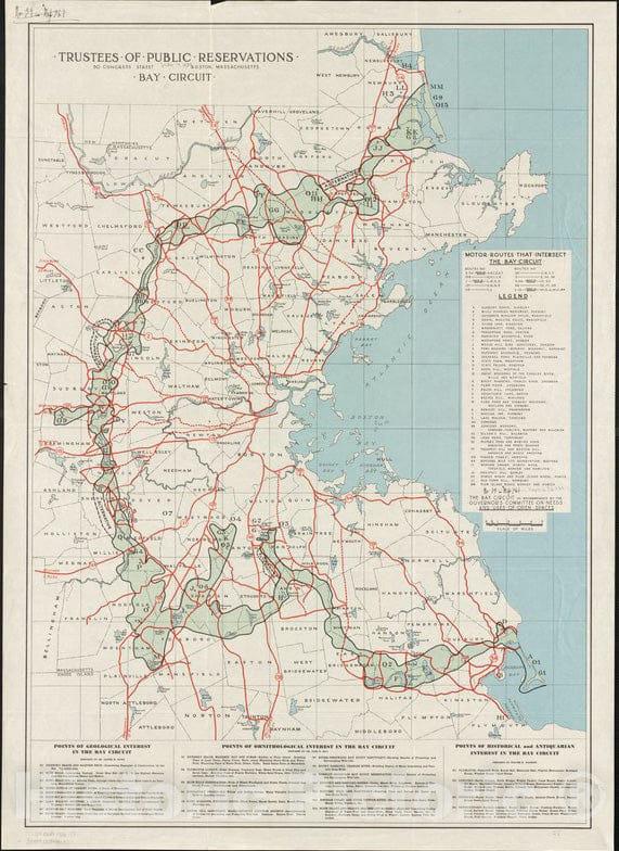 Historical Map, 1930 Motor Routes That Intersect The Bay Circuit, Vintage Wall Art