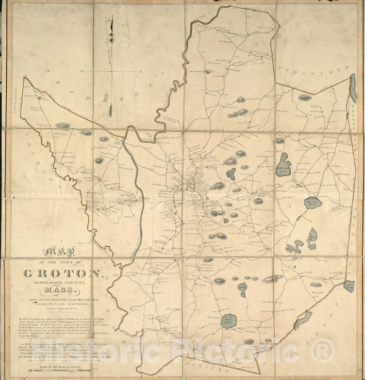 Historical Map, 1831 A map of The Town of Groton, Middlesex County, Mass, Vintage Wall Art
