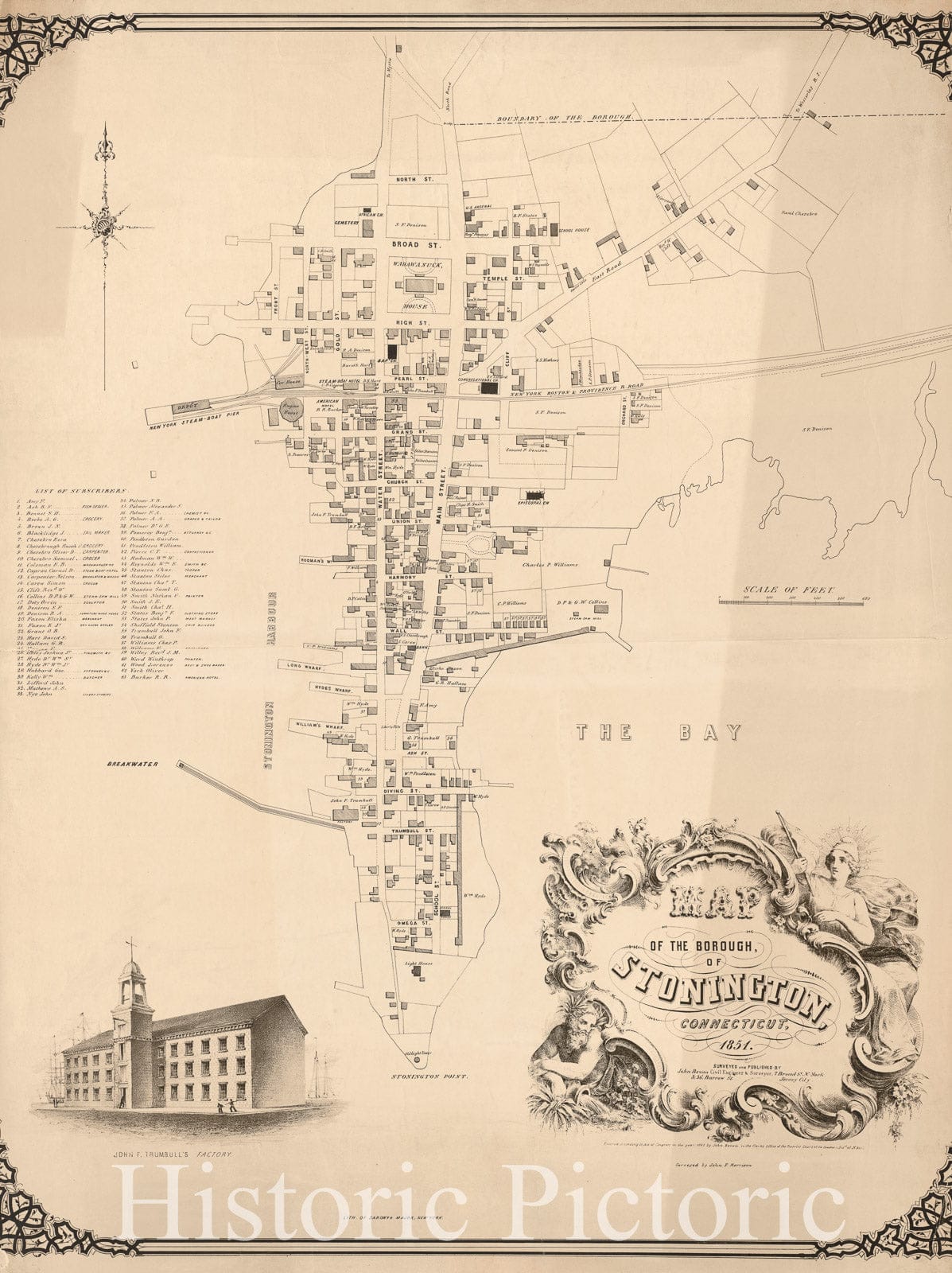 Historical Map, Map of The Borough, of Stonington, Connecticut, 1851, Vintage Wall Art