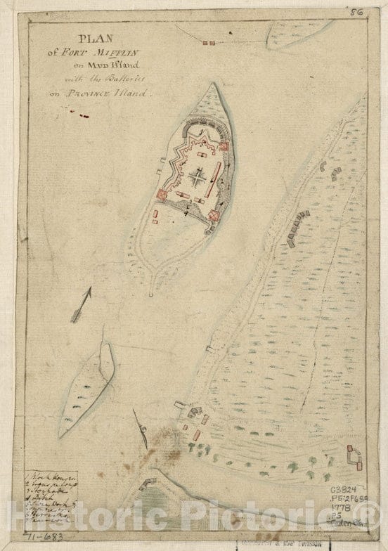 Historical Map, 1778 Plan of Fort Mifflin on Mud Island, with the batteries on Province Island, Vintage Wall Art