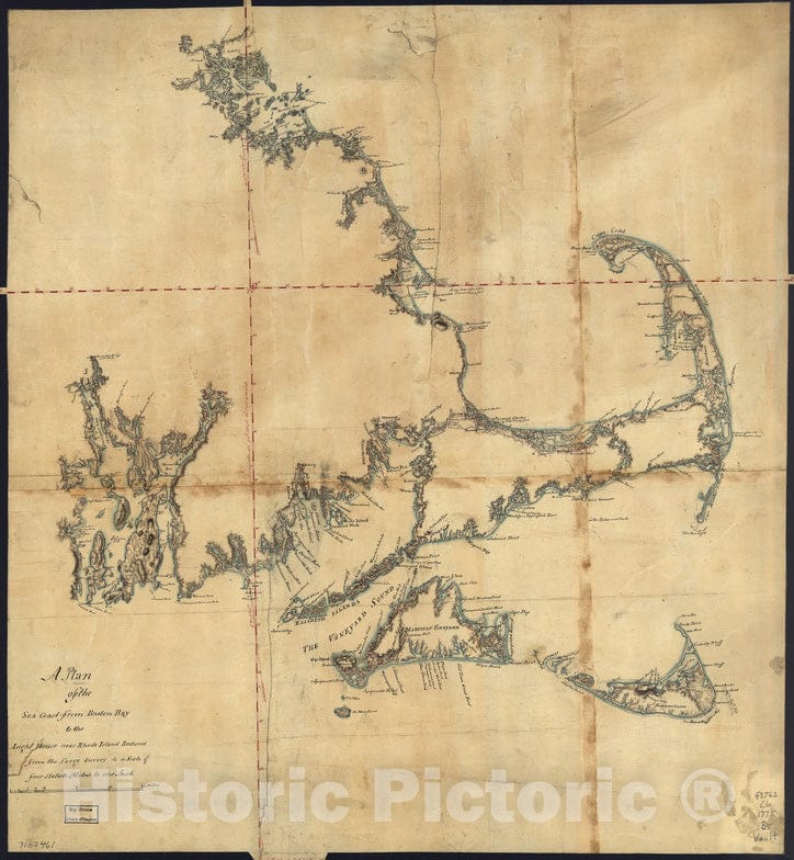 Historical Map, 1775 A Plan of the sea coast from Boston Bay to the light house near Rhode Island : reduced from the large survey, Vintage Wall Art