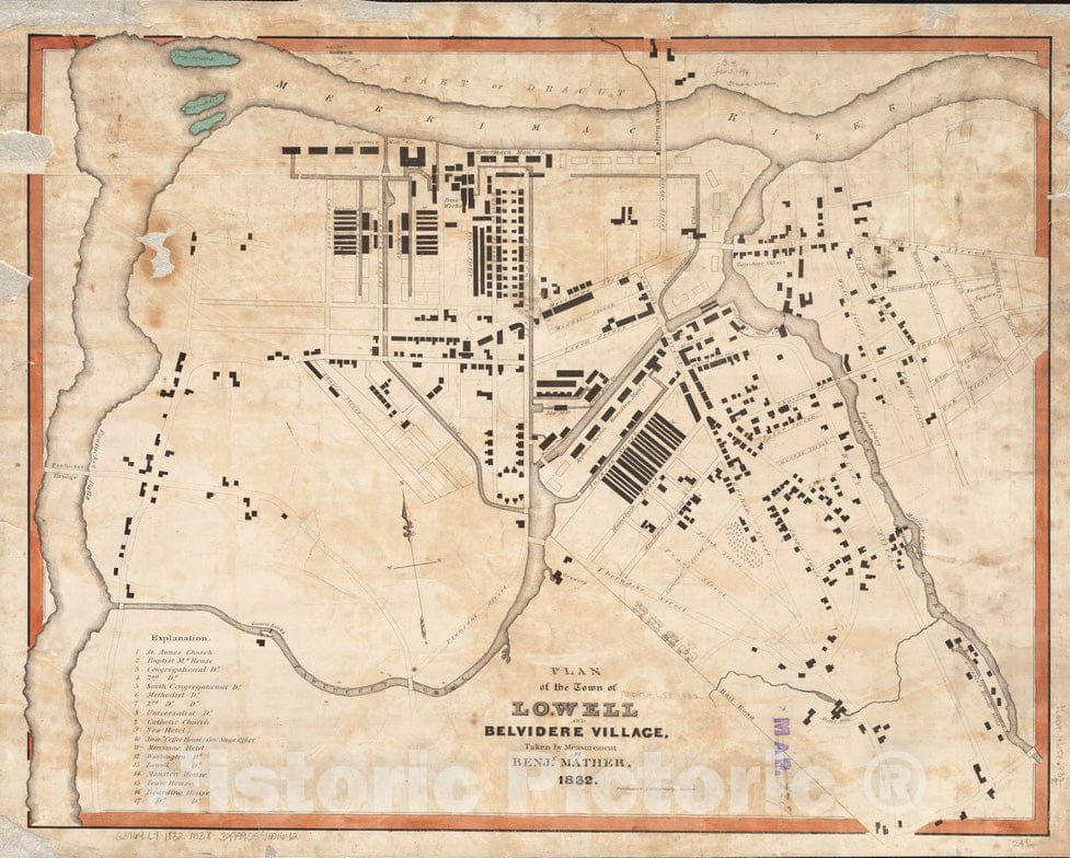 Historical Map, 1832 Plan of The Town of Lowell and Belvidere Village, Vintage Wall Art