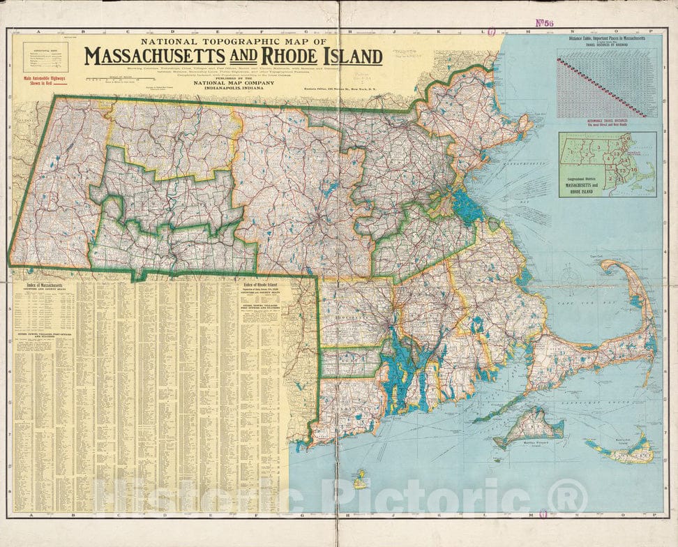 Historical Map, 1916-1918 National Topographic map of Massachusetts and Rhode Island : Showing Counties, townships, Cities, Villages and Post Offices, Vintage Wall Art