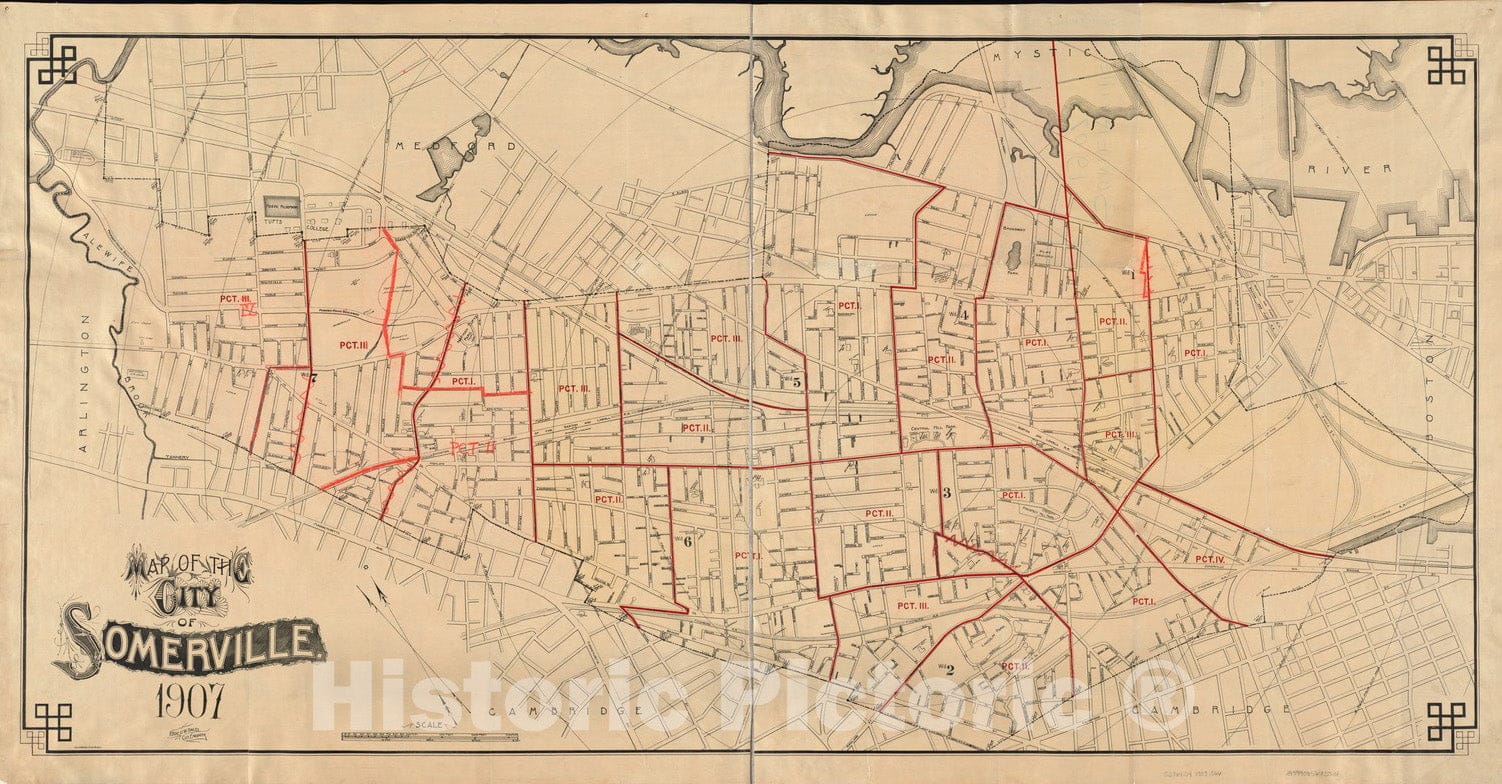 Historical Map, 1907 Map of the city of Somerville, 1907, Vintage Wall Art