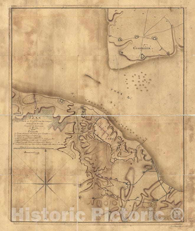 Historical Map, Plan d'York en Virginie avec les attaques faites par les ArmeIES Francoise et ameIricaine en 8bre. 1781, Vintage Wall Art