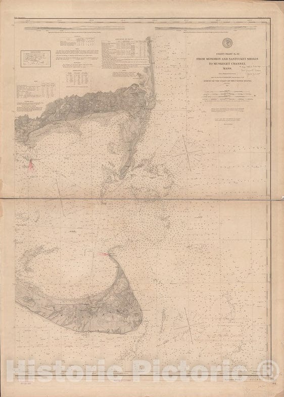 Historical Map, 1888 from Monomoy and Nantucket Shoals to Muskeget Channel, Mass, Vintage Wall Art