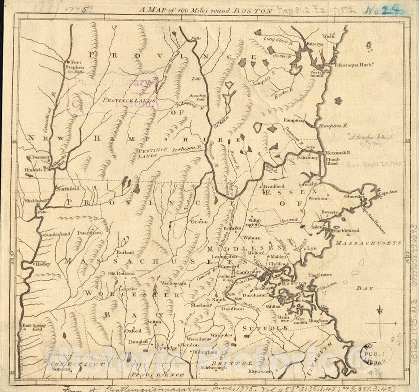 Historical Map, 1775 A map of 100 Miles Round Boston, Vintage Wall Art