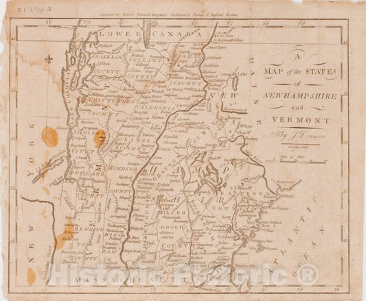 Historical Map, 1796 A map of The States of New Hampshire and Vermont, Vintage Wall Art