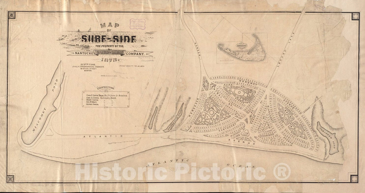 Historical Map, 1873 Map of Surf-Side, The Property of The Nantucket Surf-Side Company, Vintage Wall Art