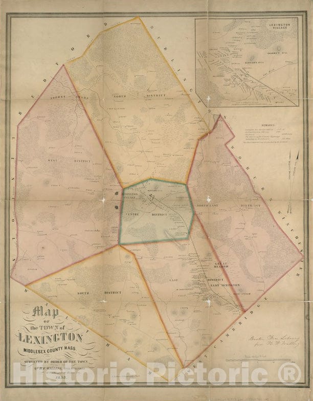 Historical Map, 1853 A map of the town of Lexington Middlesex County, Mass : surveyed by order of the town, Vintage Wall Art