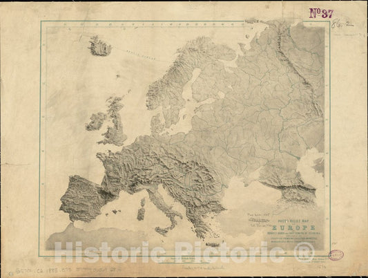 Historical Map, 1885 Photo relief map of Europe, Vintage Wall Art