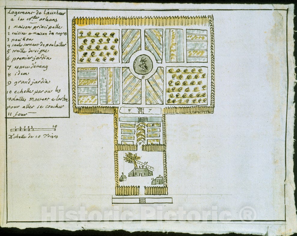 Historical Map, 1747 Logement de l'autheur a la Nlle. Orleans, Vintage Wall Art