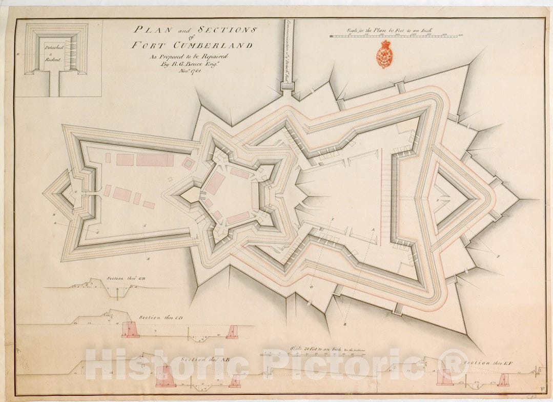 Historical Map, 1761 Plan and Sections of Fort Cumberland As Proposed to be Repaired, Vintage Wall Art