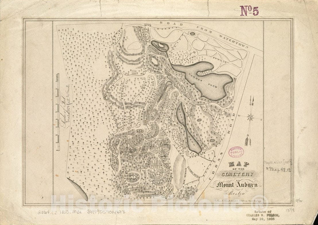 Historical Map, 1850-1859 Map of The Cemetery of Mount Auburn, Boston, Vintage Wall Art
