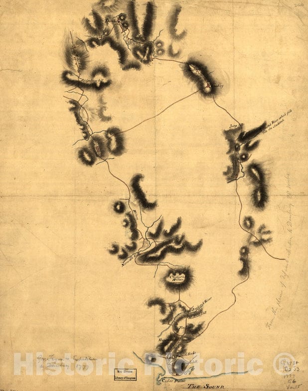 Historical Map, Gov. Tryon's Expedition to Danbury, 1777, Vintage Wall Art