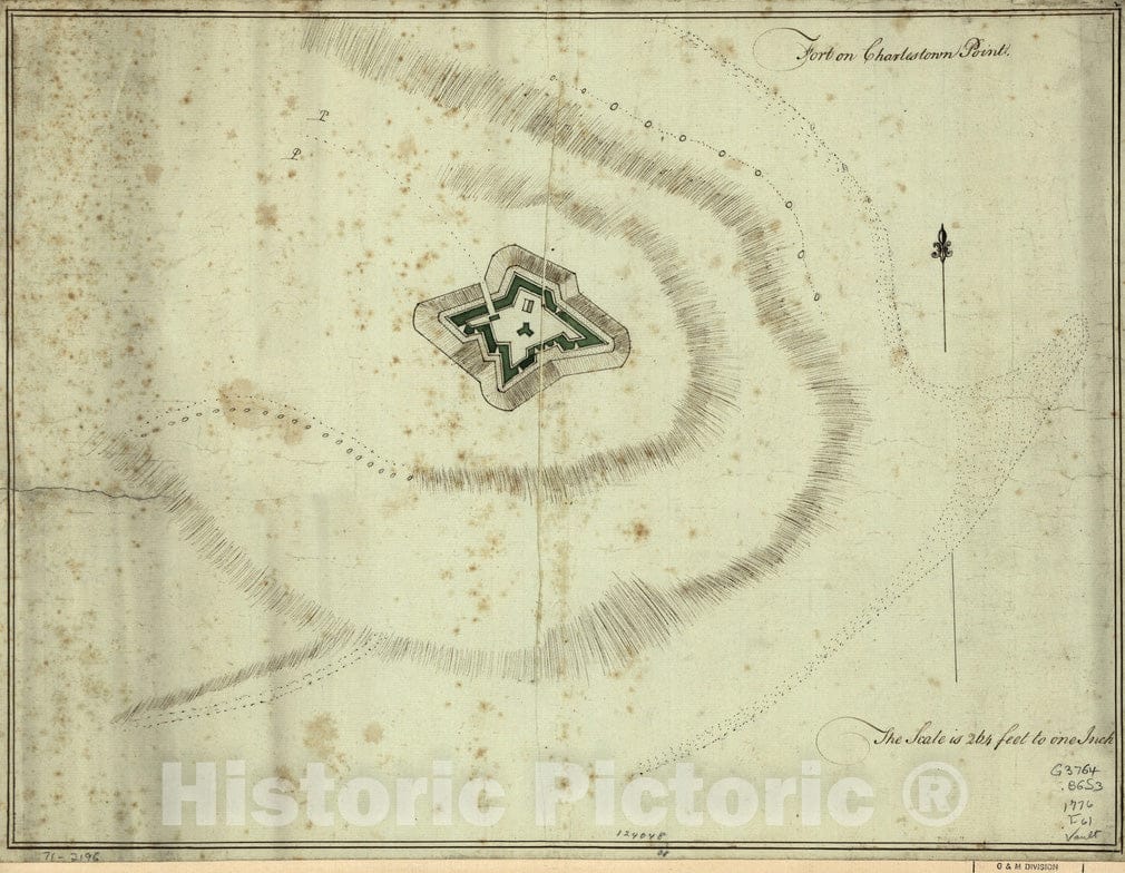 Historical Map, 1776 Fort on Charlestown Point, Vintage Wall Art