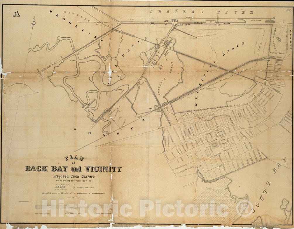 Historical Map, 1852 Plan of Back Bay and Vicinity : Prepared from surveys Made Under The Direction of Simon Greenleaf, Joel Giles, Ezra Lincoln, Vintage Wall Art