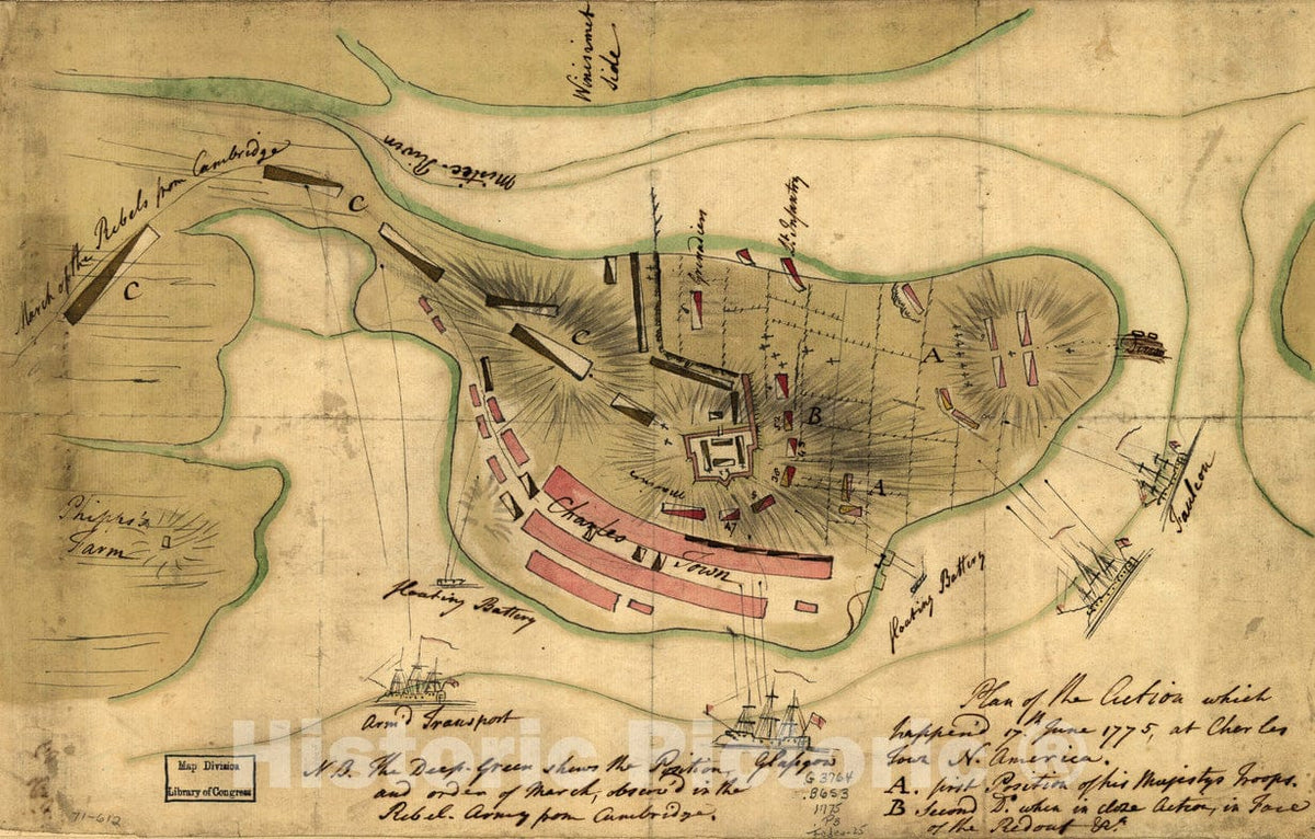 Historical Map, Plan of The Action which happen'd 17th. June 1775, at Charles Town, N. America, Vintage Wall Art