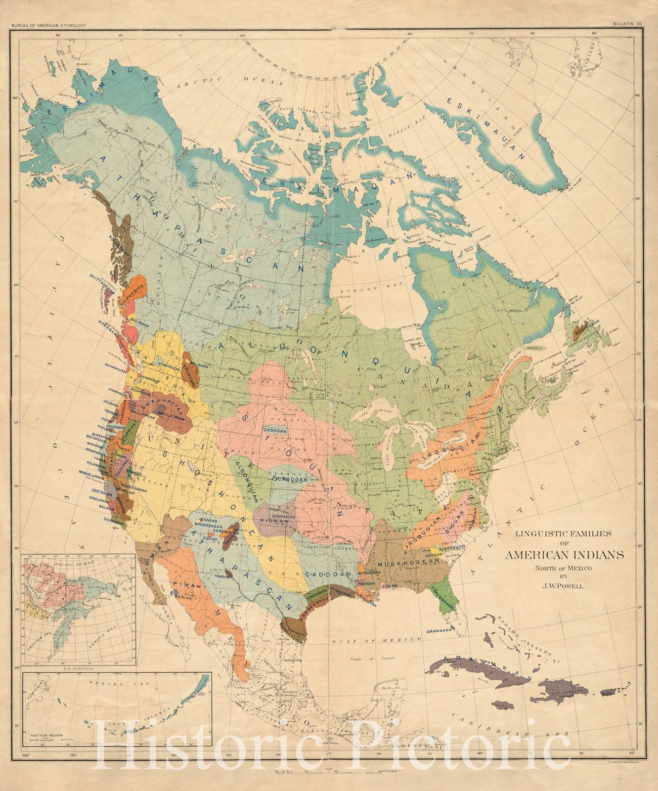 Historical Map, 1907 Linguistic Families of American Indians North of Mexico, Vintage Wall Art
