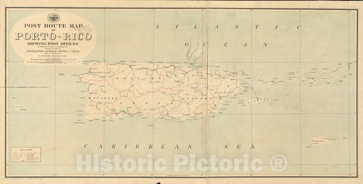 Historical Map, 1903 Post Route map of Porto-Rico Showing Post Offices in Operation on The 1st of December, 1903, Vintage Wall Art