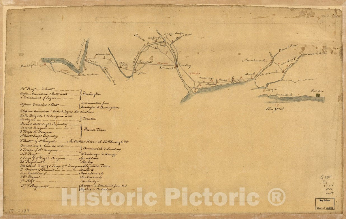 Historical Map, Map of British outposts Between Burlington and New Bridge, New Jersey, December 1776, Vintage Wall Art