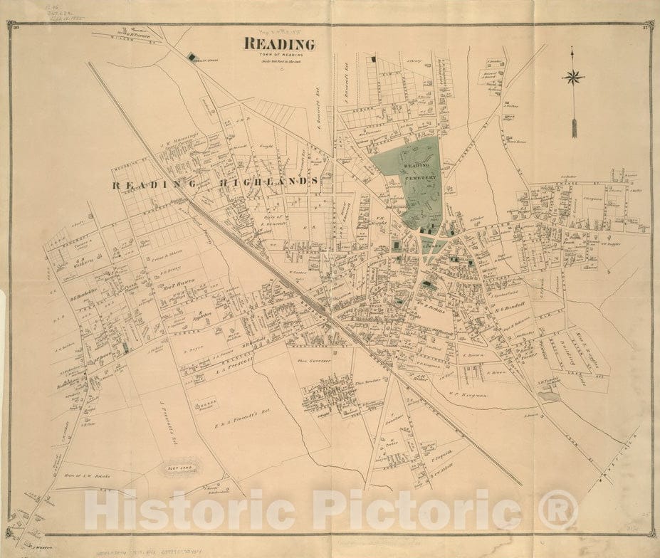 Historical Map, 1875 Reading : Town of Reading, Vintage Wall Art