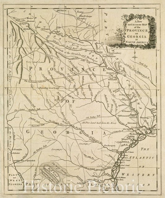 Historical Map, 1779 A New and Accurate map of The Province of Georgia in North America, Vintage Wall Art