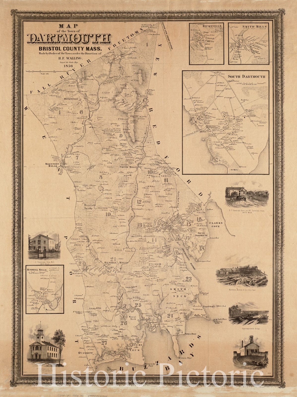 Historical Map, 1856 Map of The Town of Dartmouth, Bristol County Mass, Vintage Wall Art
