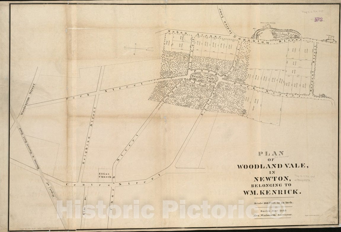 Historical Map, 1845 Plan of Woodland Vale, in Newton, Belonging to Wm. Kenrick, Vintage Wall Art