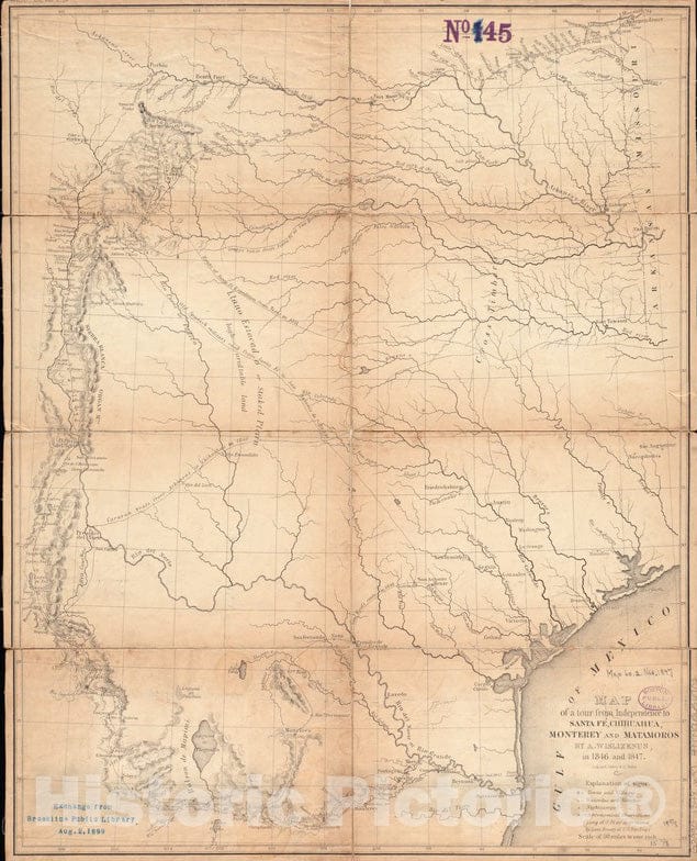 Historical Map, 1848 Map of a Tour from Independence to Santa FeI, Chihuahua, Monterey and Matamoros, Vintage Wall Art