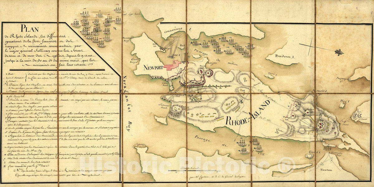 Historical Map, 1778 Plan de Rhode Islande, les differentes Operations de la flotte Francoise et des trouppes AmeIricaines commandeeIs, Vintage Wall Art